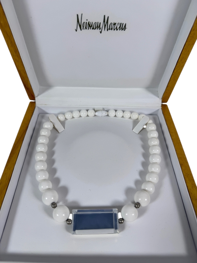 Vintage Neiman Marcus White Beaded Statement Choker Necklace With Beveled Mirror Focal Pendant