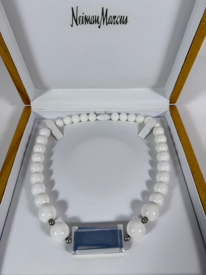 Vintage Neiman Marcus White Beaded Statement Choker Necklace With Beveled Mirror Focal Pendant [Photo 2]