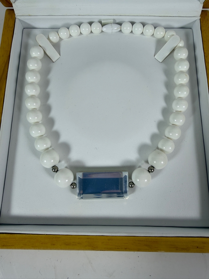 Vintage Neiman Marcus White Beaded Statement Choker Necklace With Beveled Mirror Focal Pendant [Photo 3]