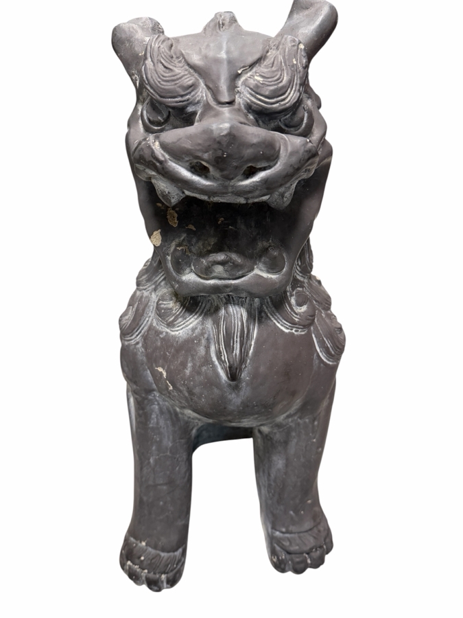 Vintage Molded Composition Concrete Dark Grey Chinese Guardian Lion Foo Dog Architectural Garden Statuary Sculpture 22'H [Photo 2]