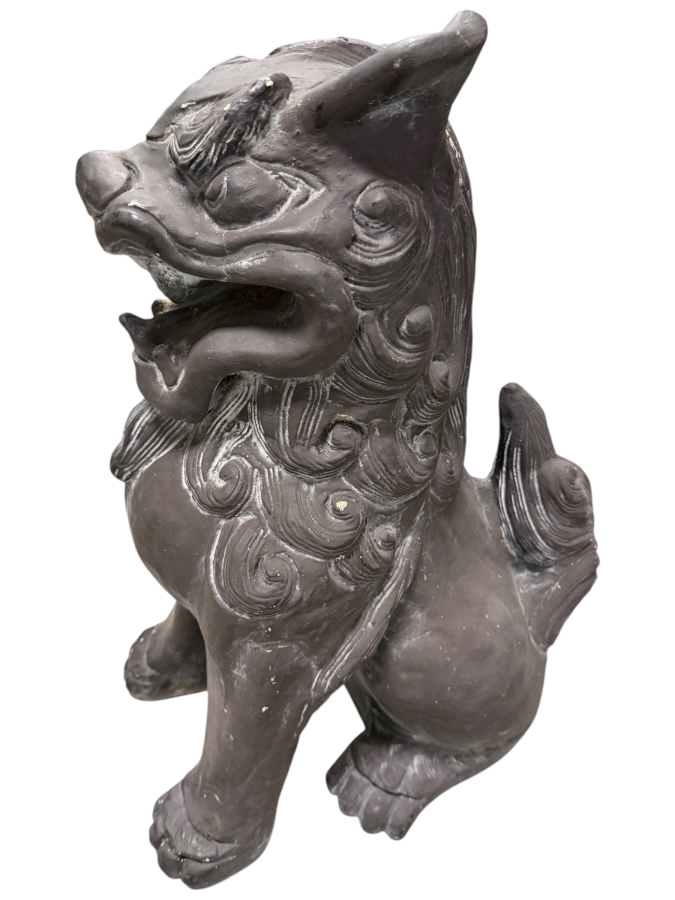 Vintage Molded Composition Concrete Dark Grey Chinese Guardian Lion Foo Dog Architectural Garden Statuary Sculpture 22'H