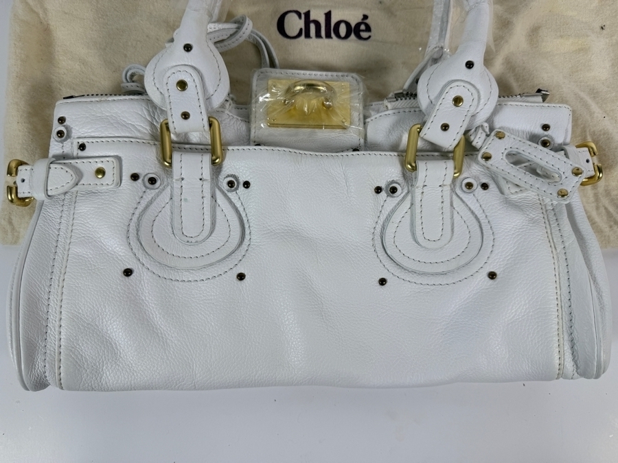 Just Added - New White Chloé Paddington Leather Satchel Handbag with Dust Cover - Missing Padlock [Photo 4]