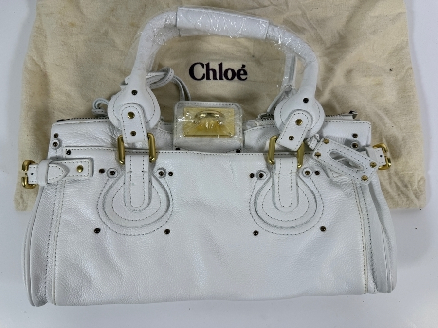 Just Added - New White Chloé Paddington Leather Satchel Handbag with Dust Cover - Missing Padlock [Photo 3]