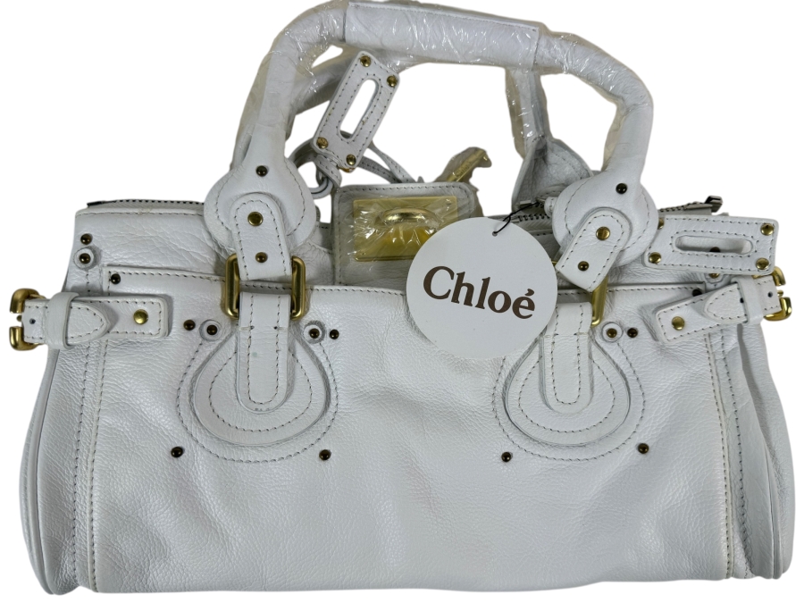 Just Added - New White Chloé Paddington Leather Satchel Handbag with Dust Cover - Missing Padlock