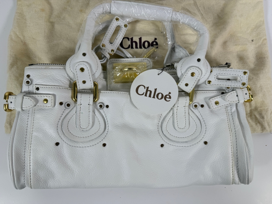 Just Added - New White Chloé Paddington Leather Satchel Handbag with Dust Cover - Missing Padlock [Photo 2]