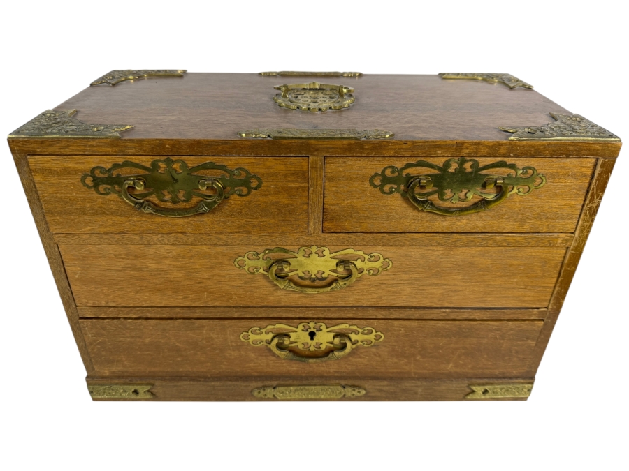 Vintage Japanese Meiji Style Miniature Oak Tansu Jewelry Chest Interior Blue Velvet Lined 15'W X 7.5'D X 9.5'H