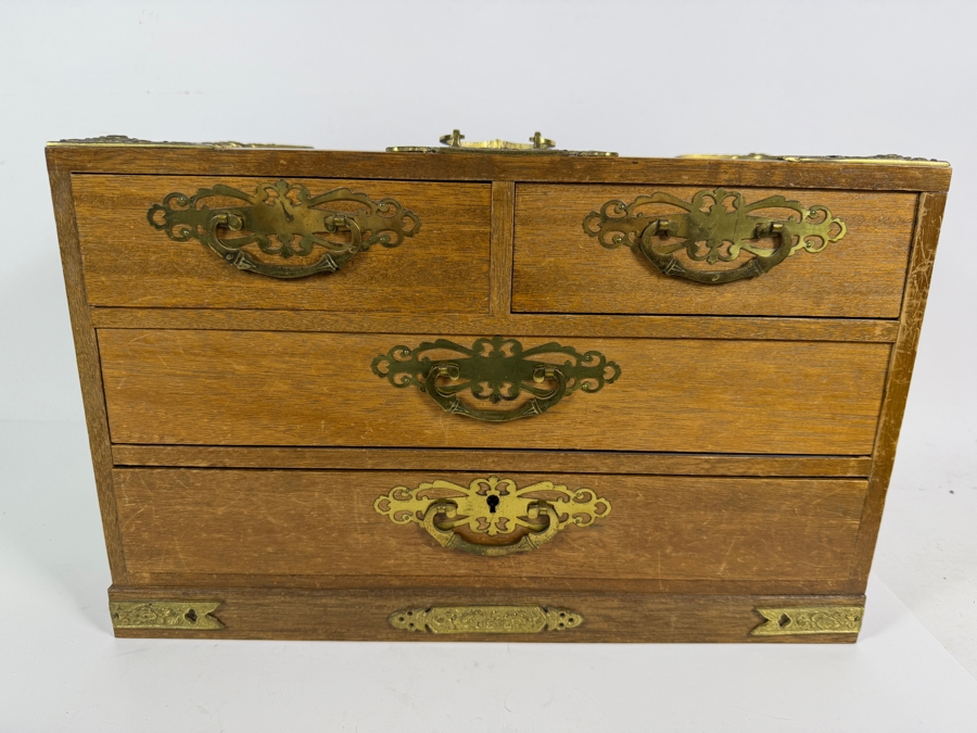 Vintage Japanese Meiji Style Miniature Oak Tansu Jewelry Chest Interior Blue Velvet Lined 15'W X 7.5'D X 9.5'H [Photo 2]