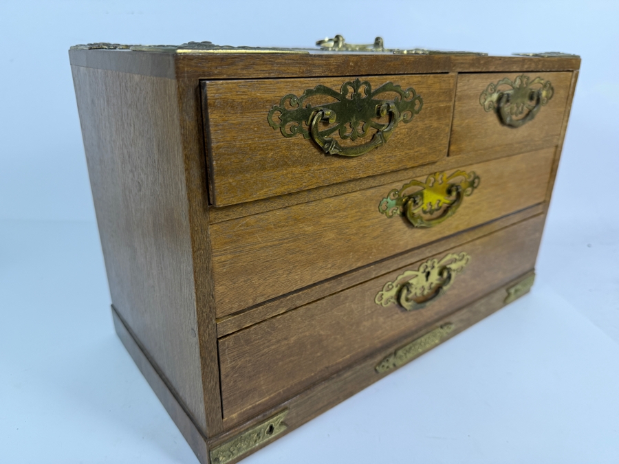 Vintage Japanese Meiji Style Miniature Oak Tansu Jewelry Chest Interior Blue Velvet Lined 15'W X 7.5'D X 9.5'H [Photo 8]