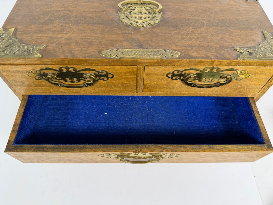 Vintage Japanese Meiji Style Miniature Oak Tansu Jewelry Chest Interior Blue Velvet Lined 15'W X 7.5'D X 9.5'H [Photo 7]