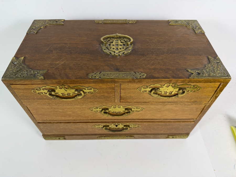 Vintage Japanese Meiji Style Miniature Oak Tansu Jewelry Chest Interior Blue Velvet Lined 15'W X 7.5'D X 9.5'H [Photo 3]
