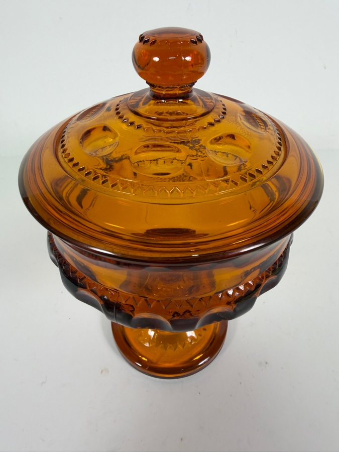 Vintage Mid Century Indiana Glass Company Amber Kings Crown Thumbprint Pattern Covered Pedestal Candy Dish Compote 7.5'H [Photo 2]