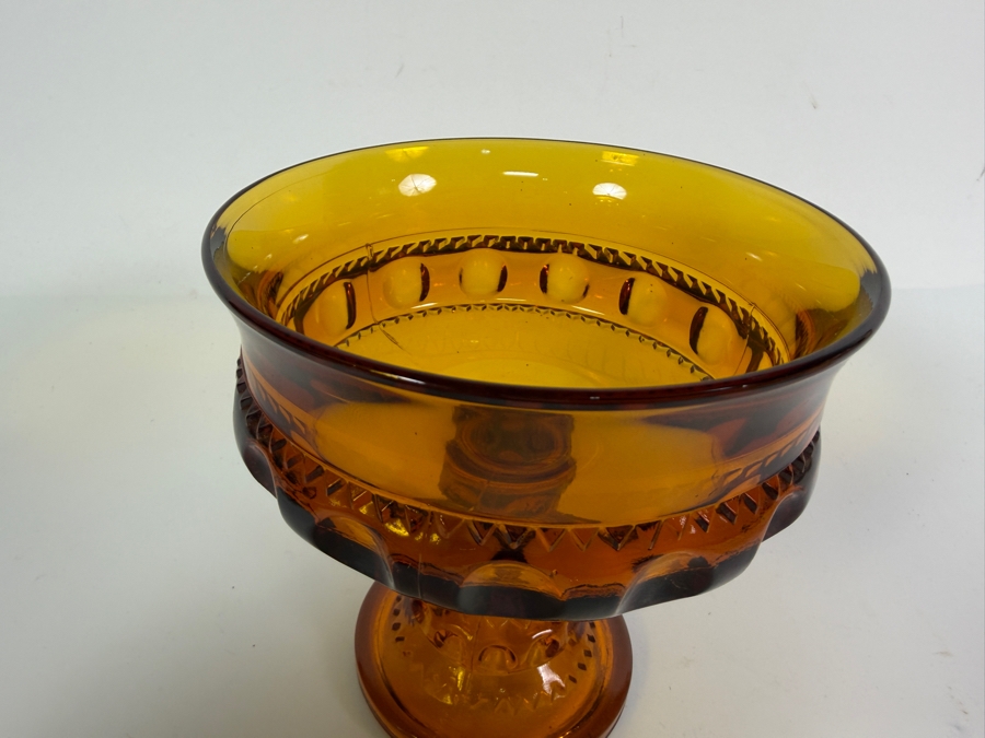 Vintage Mid Century Indiana Glass Company Amber Kings Crown Thumbprint Pattern Covered Pedestal Candy Dish Compote 7.5'H [Photo 3]