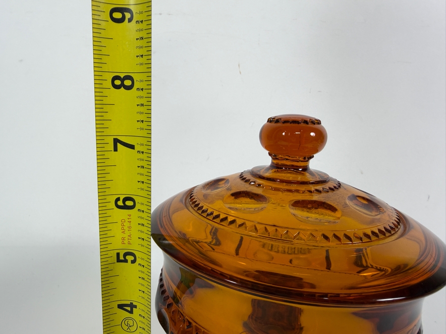 Vintage Mid Century Indiana Glass Company Amber Kings Crown Thumbprint Pattern Covered Pedestal Candy Dish Compote 7.5'H [Photo 4]