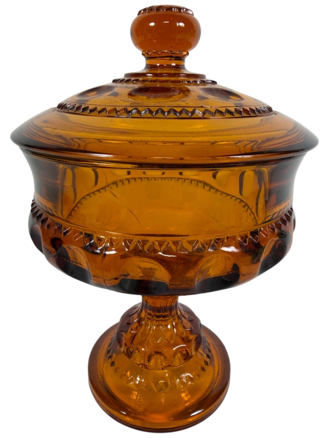 Vintage Mid Century Indiana Glass Company Amber Kings Crown Thumbprint Pattern Covered Pedestal Candy Dish Compote 7.5'H