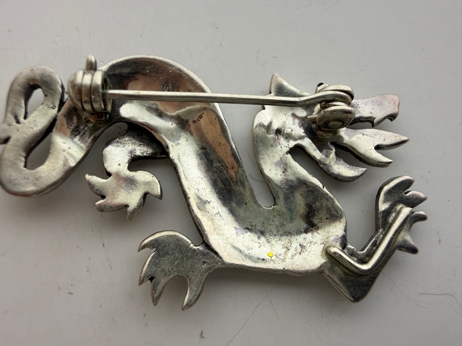 Vintage Art Deco Style Sterling Silver Dragon Brooch Pin Pave Set With Marcasite Gemstones  8.0g [Photo 2]