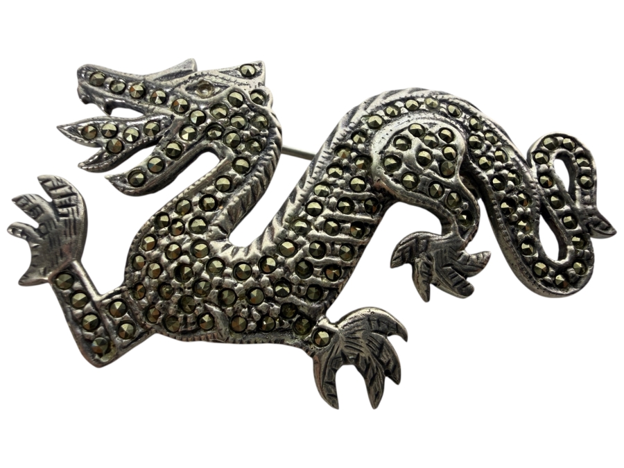 Vintage Art Deco Style Sterling Silver Dragon Brooch Pin Pave Set With Marcasite Gemstones  8.0g