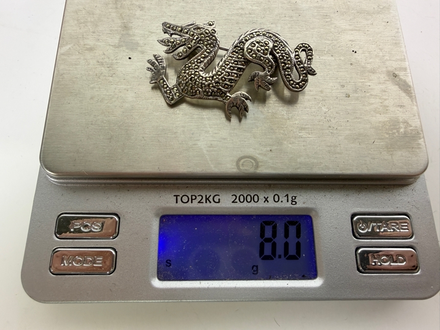 Vintage Art Deco Style Sterling Silver Dragon Brooch Pin Pave Set With Marcasite Gemstones  8.0g [Photo 4]