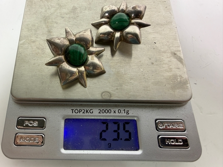 Pair Of Vintage Mexican Sterling Silver Starburst Blossom Clip On Earrings Cabochon Malachite Gemstone Centers 23.5g [Photo 5]