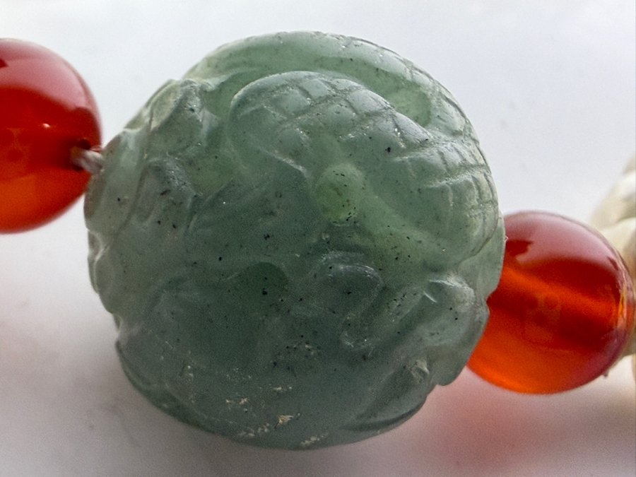Vintage Double Strand Natural Freshwater Keshi Rice Pearl Necklace Carved Green Nephrite Jadeite Focal Bead Carnelian Accents 30'L [Photo 3]