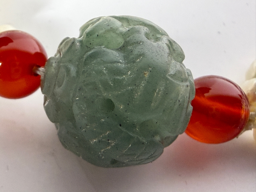 Vintage Double Strand Natural Freshwater Keshi Rice Pearl Necklace Carved Green Nephrite Jadeite Focal Bead Carnelian Accents 30'L [Photo 2]