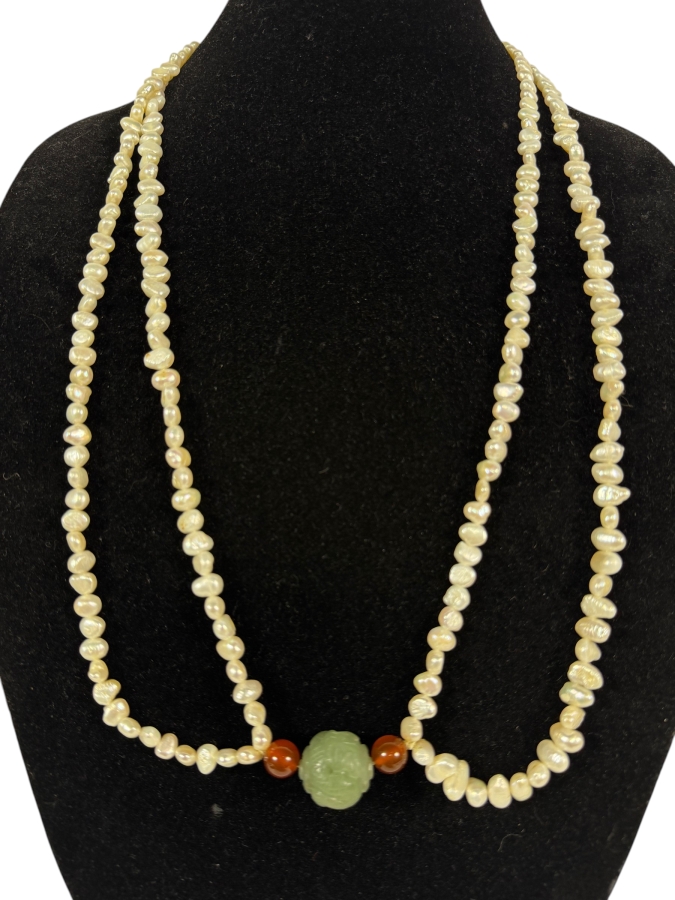 Vintage Double Strand Natural Freshwater Keshi Rice Pearl Necklace Carved Green Nephrite Jadeite Focal Bead Carnelian Accents 30'L