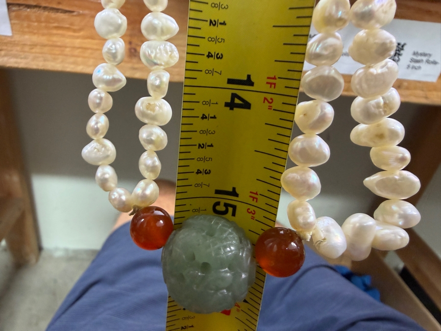 Vintage Double Strand Natural Freshwater Keshi Rice Pearl Necklace Carved Green Nephrite Jadeite Focal Bead Carnelian Accents 30'L [Photo 4]