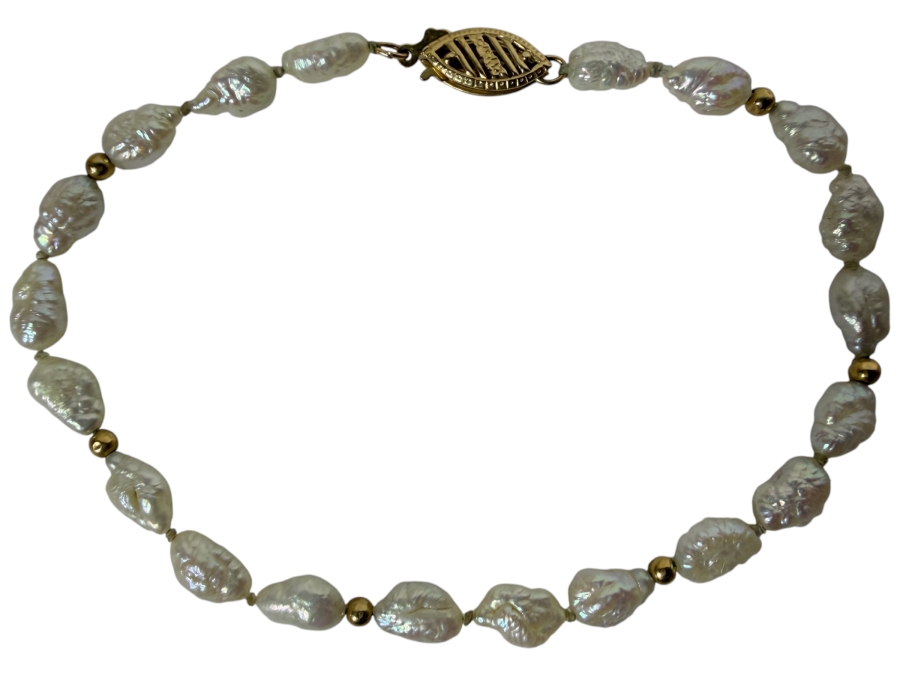 Vintage Freshwater Pearl Strand Bracelet with 14K Yellow Gold Clasp 15'L 3.5g