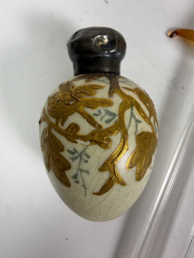 Antique Victorian Crackle Glaze Porcelain Scent Bottle With Sterling Silver Cap And Blown Glass Sword Scent Perfume Dropper Or Pipette 6'L [Photo 2]