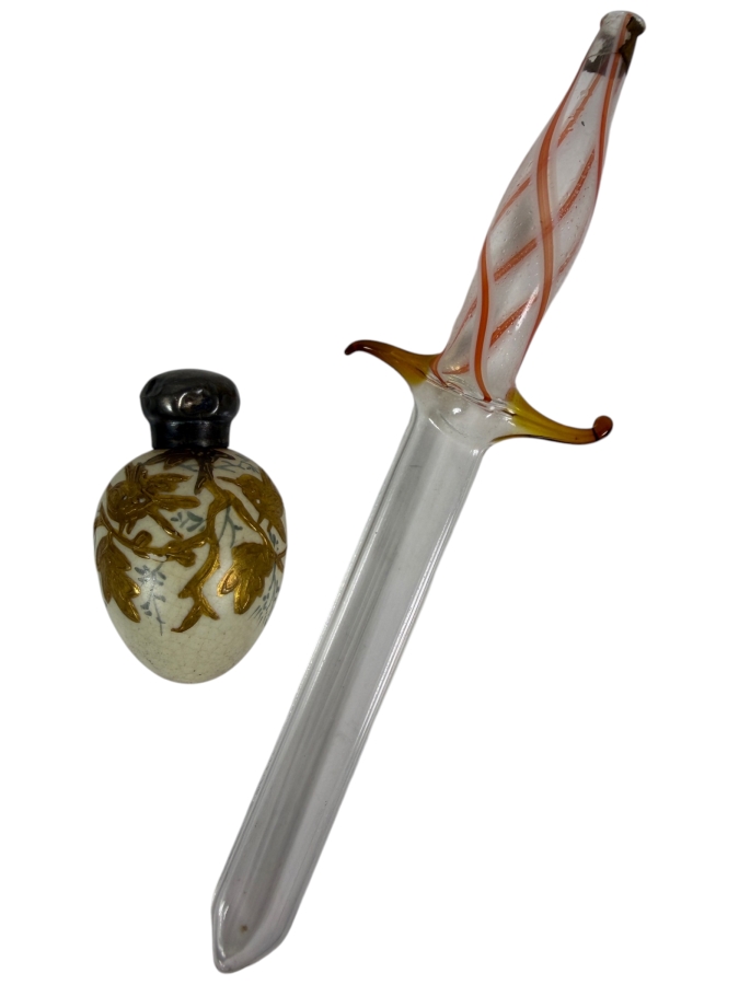 Antique Victorian Crackle Glaze Porcelain Scent Bottle With Sterling Silver Cap And Blown Glass Sword Scent Perfume Dropper Or Pipette 6'L