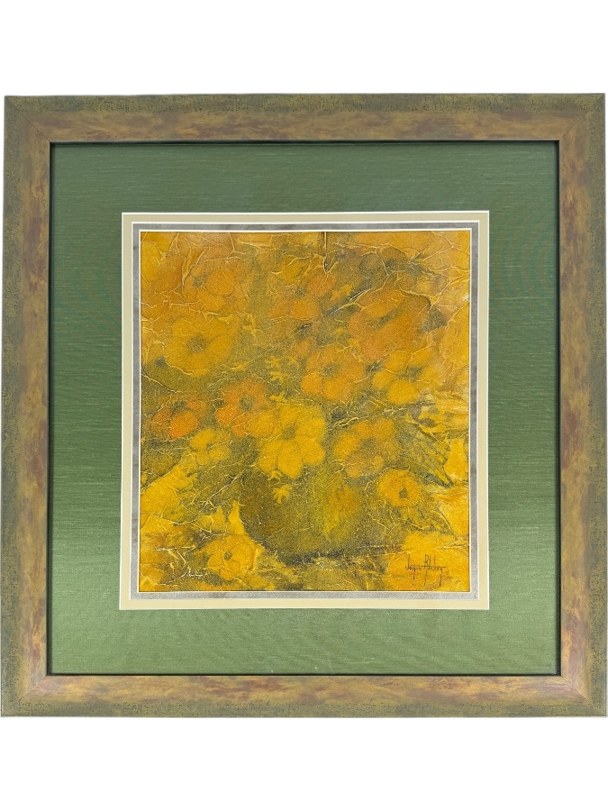 Mid Century Modern Golden Floral Still Life Mixed Media Painting Signed Joyce Ritchey 13.5 X 16 Framed: 24 X 26