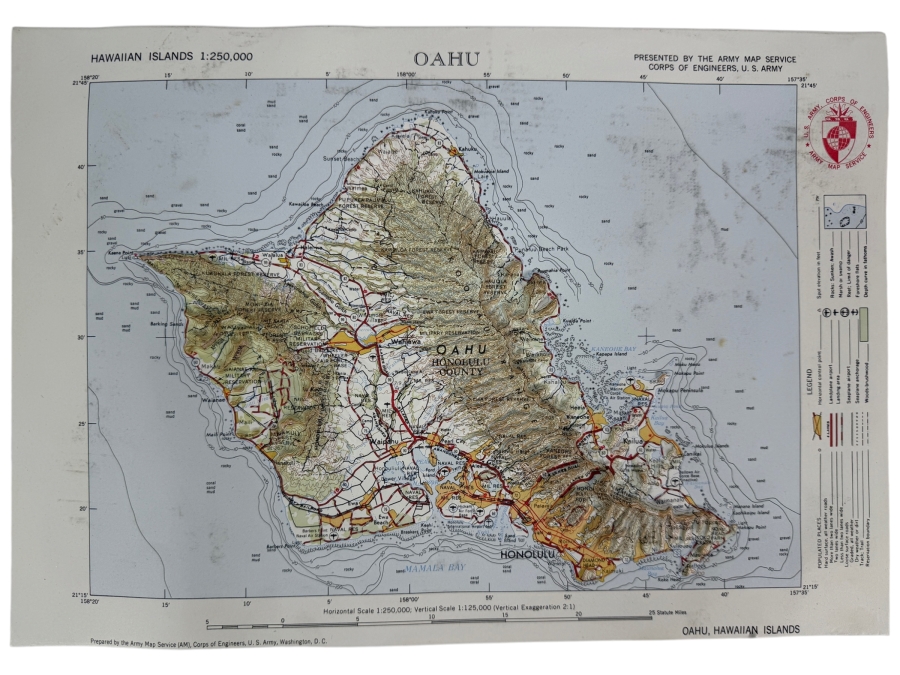 Vintage Army Map Service United States Army Corps Of Engineers 1:250,000 Scale Molded Plastic 3D Raised Relief Topographic Map Of Oahu Hawaiian Islands 15 X 10.5
