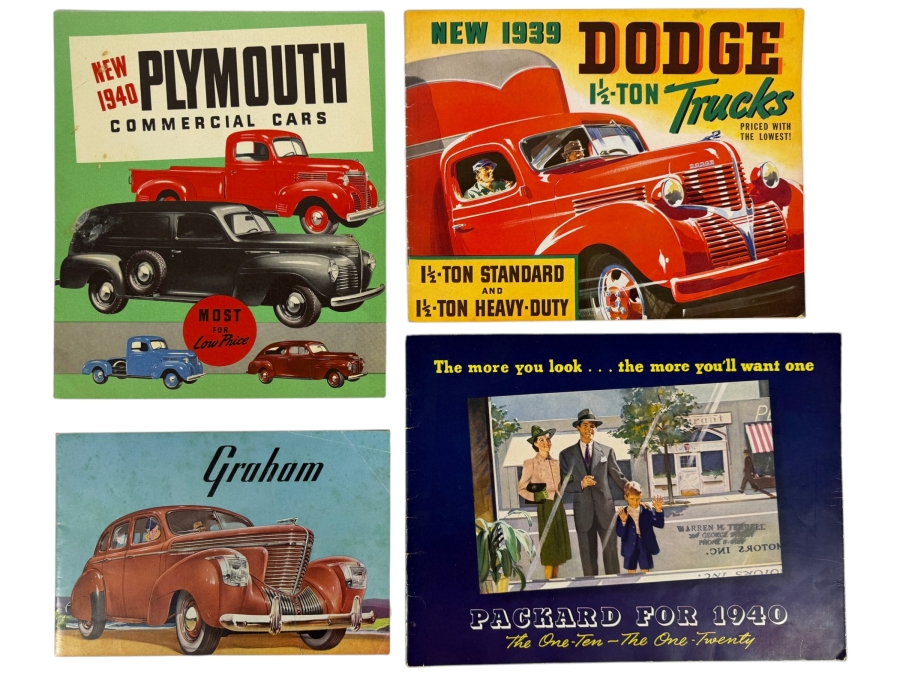 Lot Of Four Vintage 1939 To 1940 American Automotive Sales Brochures Including Plymouth Commercial Cars Dodge Trucks Graham And Packard One-Ten And One-Twenty