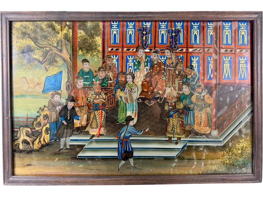 Just Added - Stunning Antique Chinese Reverse Glass Painting 32 X 20.5 Framed 34.5 X 23