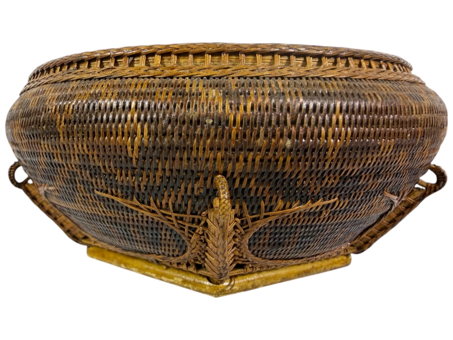 Just Added - Exquisite Hand-woven Small Basket Gifted to Patrick O'Brien by Queen Sirikit of Thailand in Connection with the 1982 Bicentennial Celebration Commemorating the 200th Anniversary of the Founding of Bangkok 4.5'W X 2'H (Comes with Provenance)