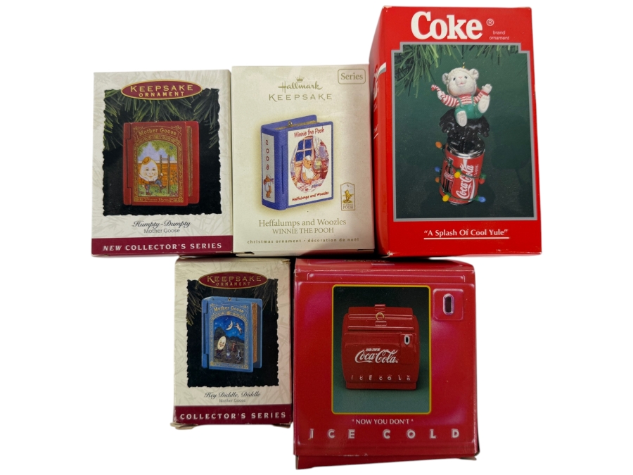 (3) New Hallmark Keepsake Christmas Ornaments and (2) New Coke Ornaments