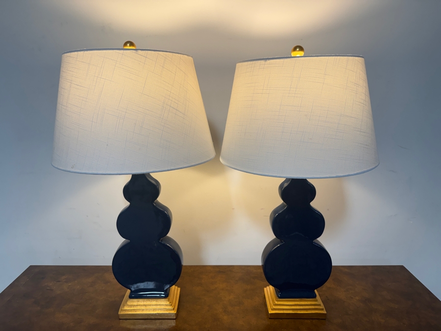 Pair Of JONATHAN Y Carter 29 Inch Navy Blue Flat Double Sided Triple Gourd Ceramic Table Lamps With Gold Leaf Bases And White Linen Shades [Photo 2]