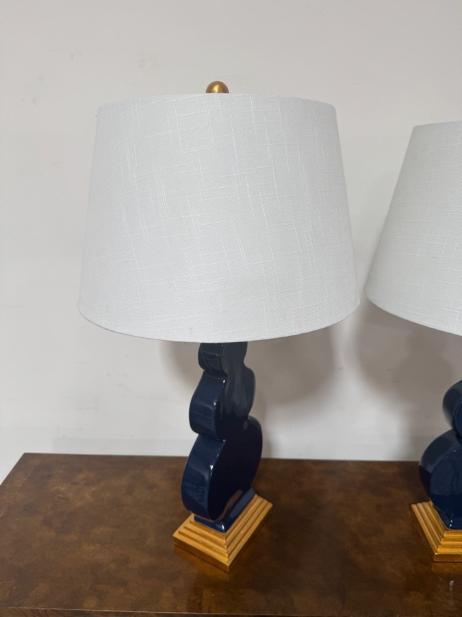 Pair Of JONATHAN Y Carter 29 Inch Navy Blue Flat Double Sided Triple Gourd Ceramic Table Lamps With Gold Leaf Bases And White Linen Shades [Photo 6]