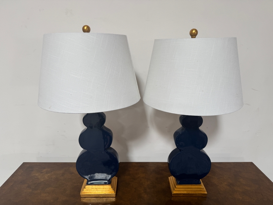 Pair Of JONATHAN Y Carter 29 Inch Navy Blue Flat Double Sided Triple Gourd Ceramic Table Lamps With Gold Leaf Bases And White Linen Shades [Photo 3]