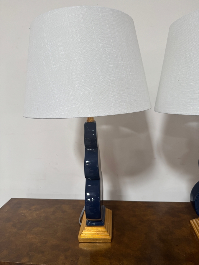 Pair Of JONATHAN Y Carter 29 Inch Navy Blue Flat Double Sided Triple Gourd Ceramic Table Lamps With Gold Leaf Bases And White Linen Shades [Photo 5]