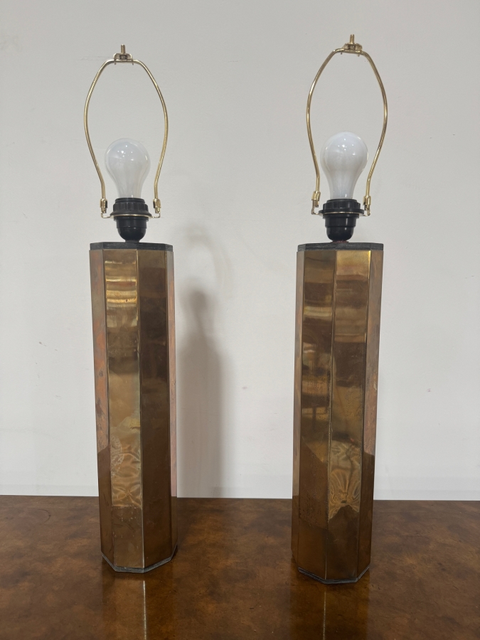 Pair Of Vintage 1980s Wildwood Art Deco Revival Octagonal Polished Brass Column Monolith Table Lamps 27'H [Photo 2]