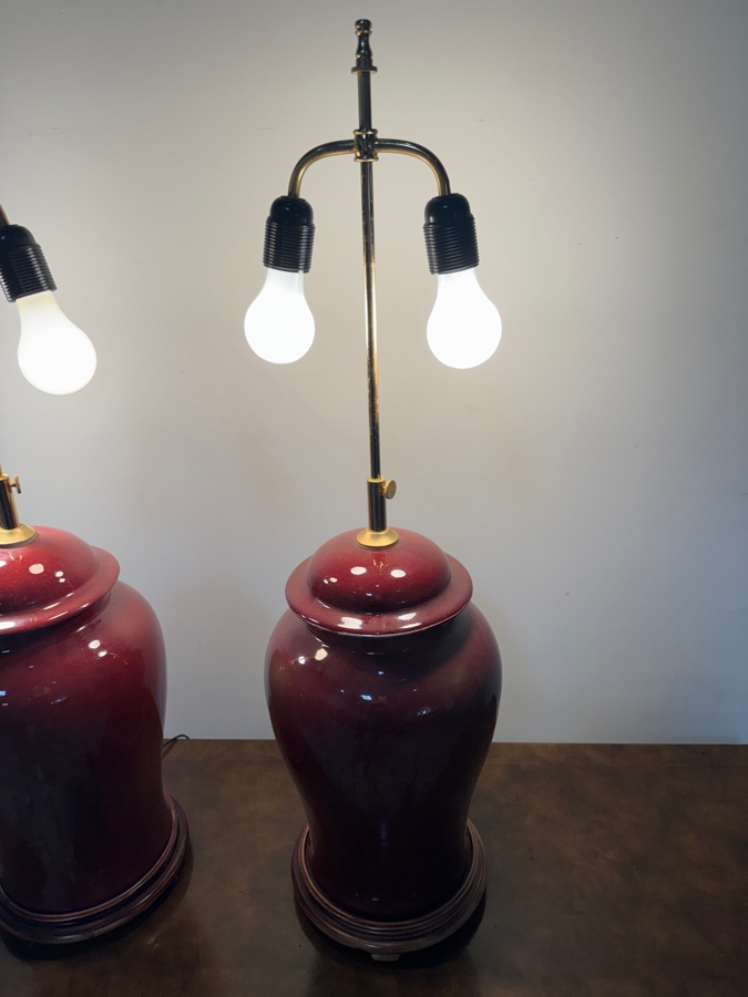 Pair Of Vintage Adjustable Chinoiserie Oxblood Red Glazed Ceramic Ginger Jar Table Lamps With Double Light Sockets And Wooden Bases 27' - 33'H [Photo 3]