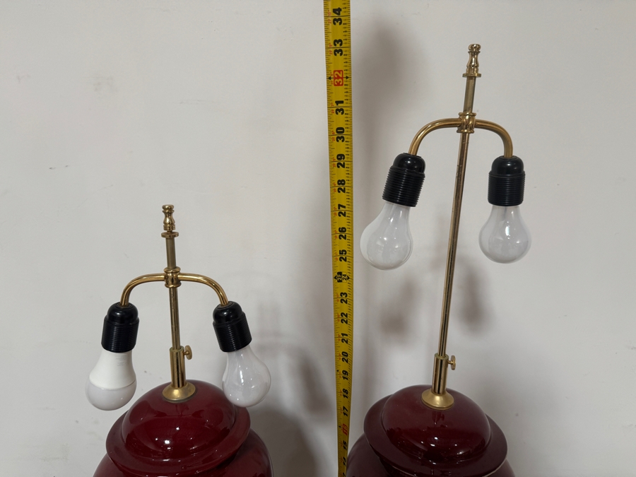 Pair Of Vintage Adjustable Chinoiserie Oxblood Red Glazed Ceramic Ginger Jar Table Lamps With Double Light Sockets And Wooden Bases 27' - 33'H [Photo 5]