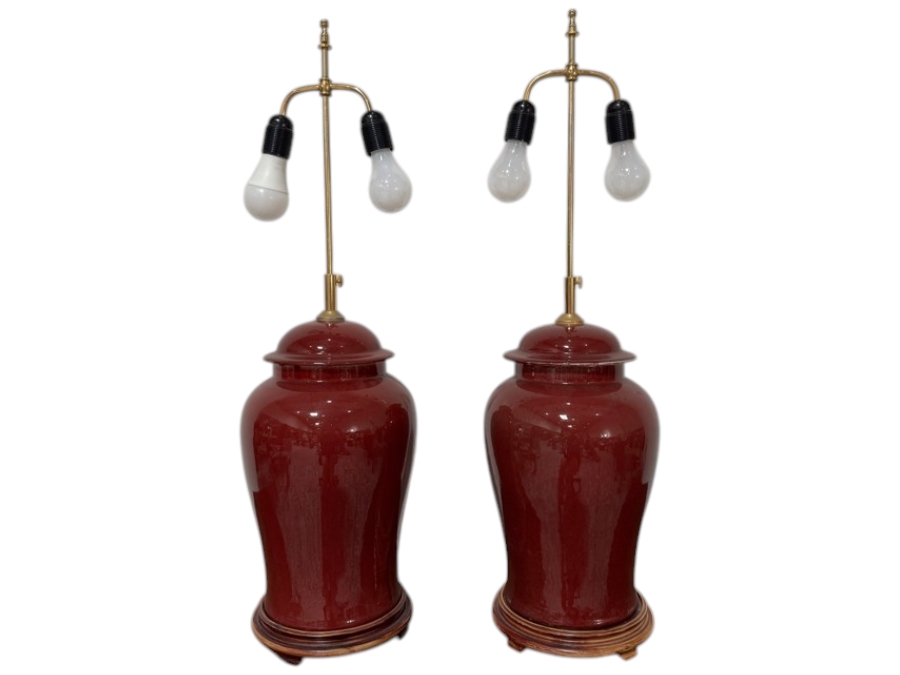 Pair Of Vintage Adjustable Chinoiserie Oxblood Red Glazed Ceramic Ginger Jar Table Lamps With Double Light Sockets And Wooden Bases 27' - 33'H