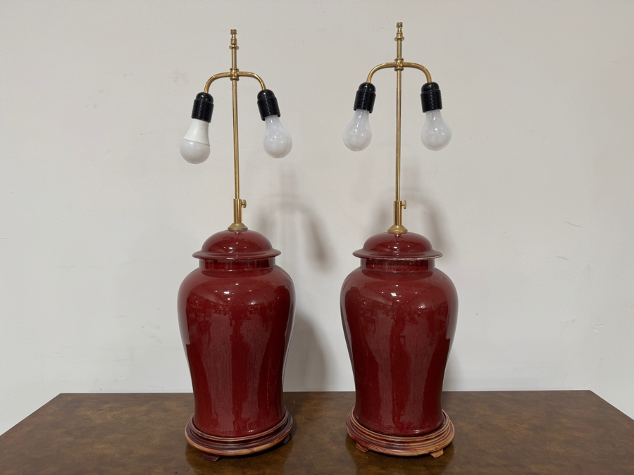Pair Of Vintage Adjustable Chinoiserie Oxblood Red Glazed Ceramic Ginger Jar Table Lamps With Double Light Sockets And Wooden Bases 27' - 33'H [Photo 4]