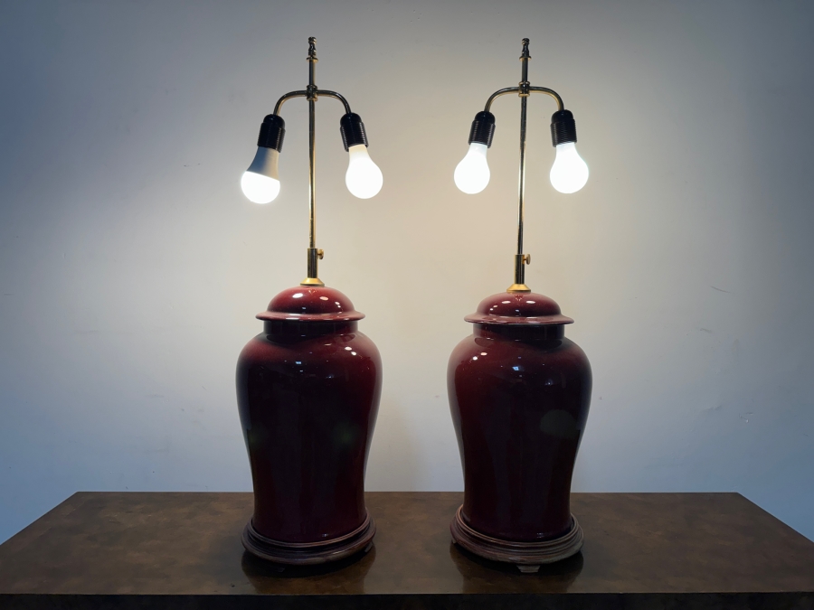 Pair Of Vintage Adjustable Chinoiserie Oxblood Red Glazed Ceramic Ginger Jar Table Lamps With Double Light Sockets And Wooden Bases 27' - 33'H [Photo 2]