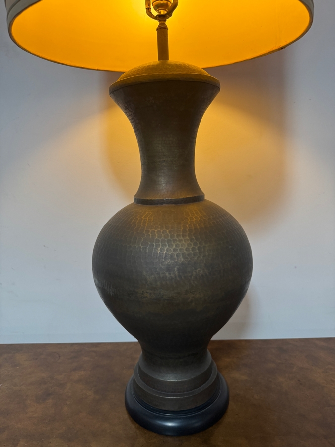 Huge Vintage Mid Century Modern Hammered Patinated Bronze Baluster Form Hammered Metal Table Lamp With Tall Burlap Drum Shade 53'H [Photo 3]