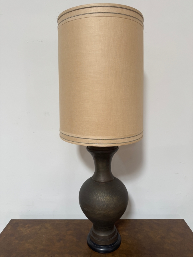 Huge Vintage Mid Century Modern Hammered Patinated Bronze Baluster Form Hammered Metal Table Lamp With Tall Burlap Drum Shade 53'H [Photo 6]