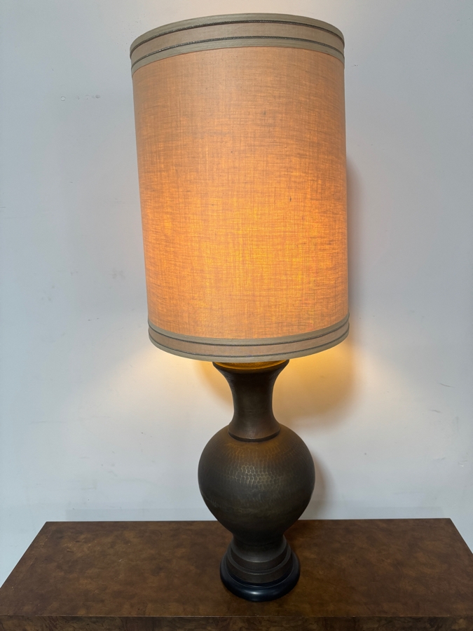 Huge Vintage Mid Century Modern Hammered Patinated Bronze Baluster Form Hammered Metal Table Lamp With Tall Burlap Drum Shade 53'H [Photo 2]
