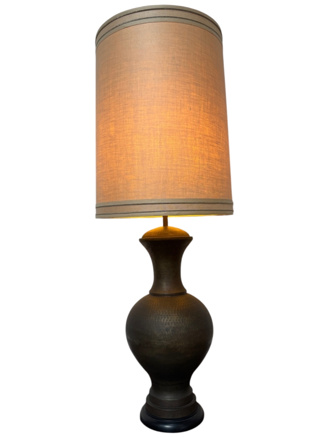 Huge Vintage Mid Century Modern Hammered Patinated Bronze Baluster Form Hammered Metal Table Lamp With Tall Burlap Drum Shade 53'H