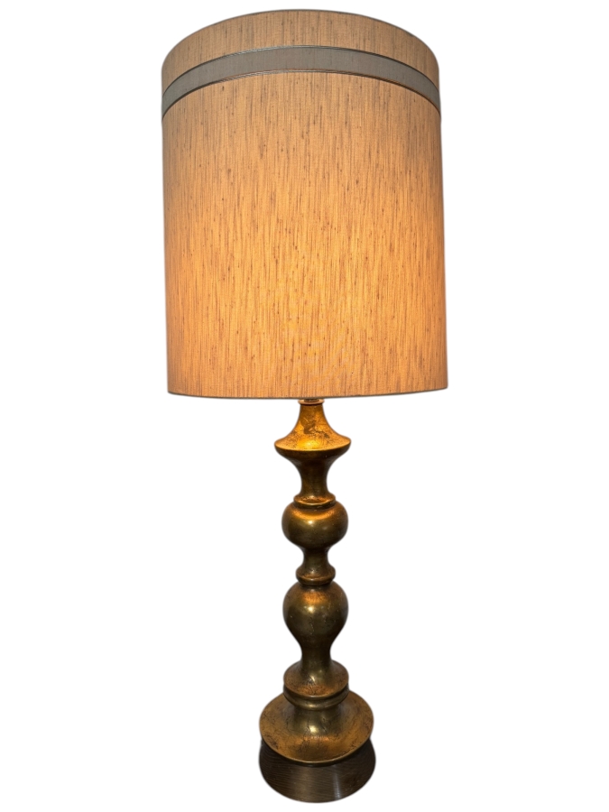 Large Vintage Mid Century Modern Antiqued Gold Leaf Baluster Column Table Lamp With Tall Grasscloth Drum Shade 49'H